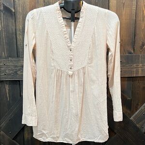 Zara Tunic‎ Top S Cream Textured Ruffle Henley Button Neutral Sheer Office Boho
